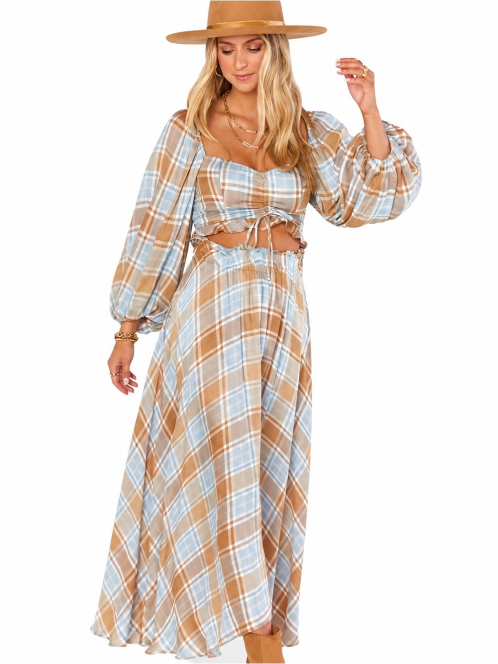 Show Me Your Mumu Plaid Maxi Skirt Crop Top Set M Boho Western Cottagecore NWT